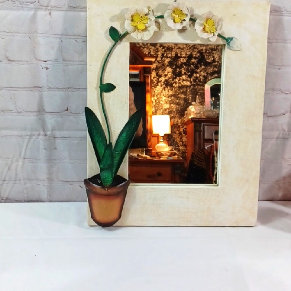 Vintage Floral Wall Mirror with 3D Orchid Design and Planter Pot Deta 14 Wx18